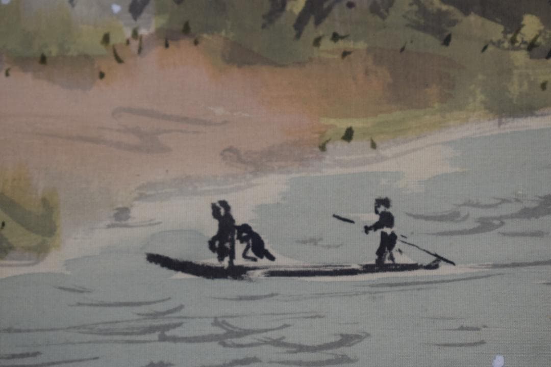 【真作】服部石仙/梅花山村図/春景山水小舟図/掛軸☆宝船☆Z-453