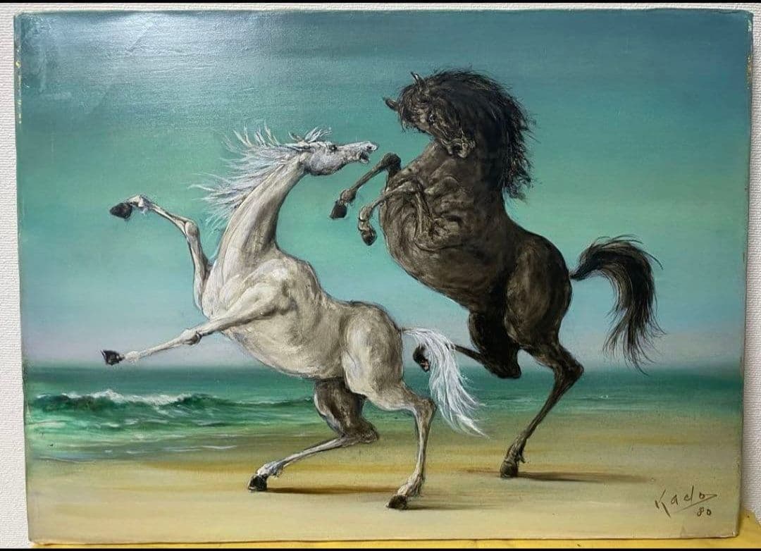 角浩　『海辺』1980年作 油彩画 原画 真作保証 額装