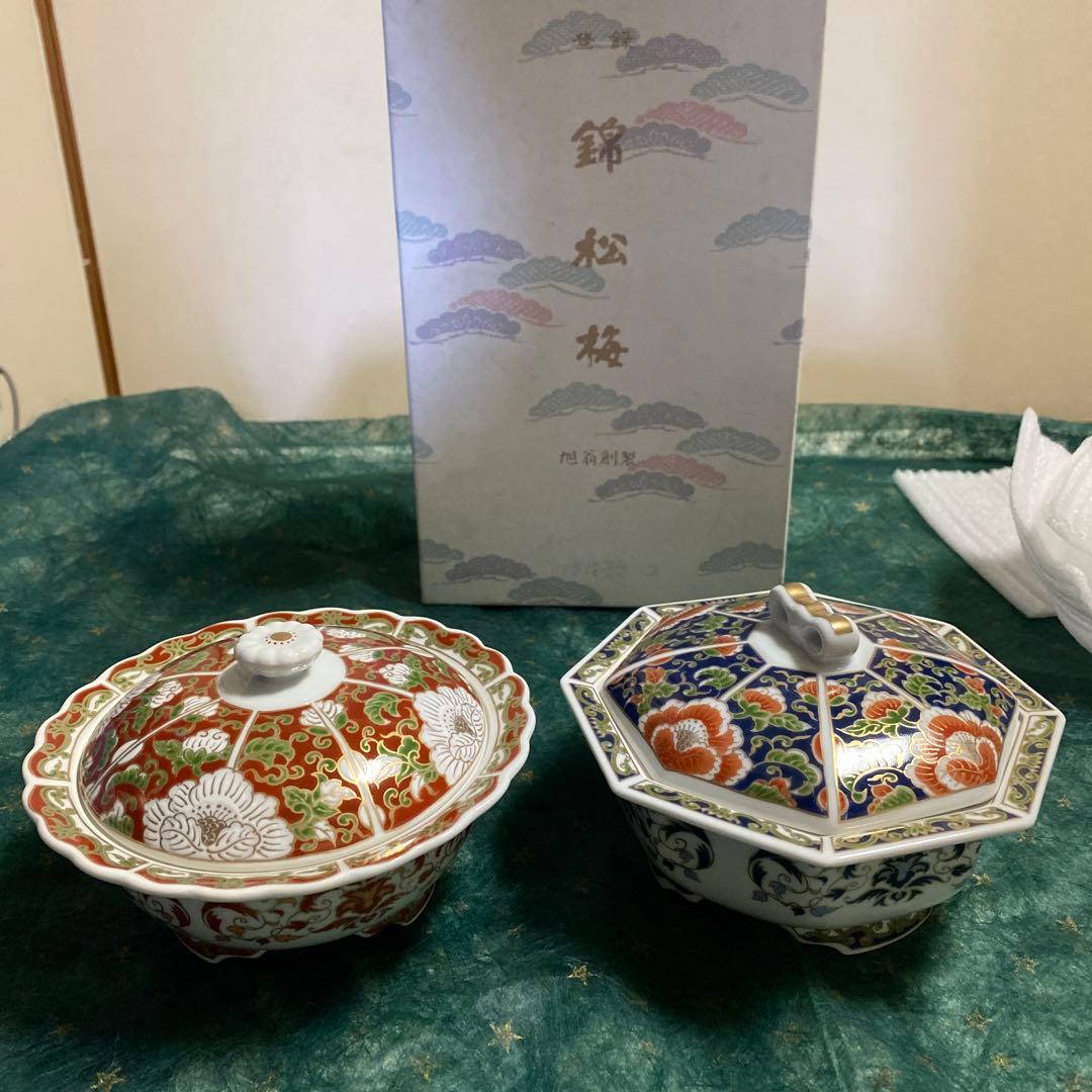 蓋付き器　錦松梅　光峰作　足付　希少
