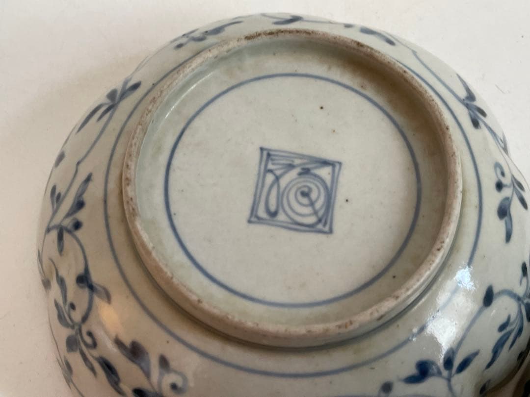 骨董　アンティーク　古伊万里　染付　牡丹　輪花縁　膾皿　なます皿　2枚