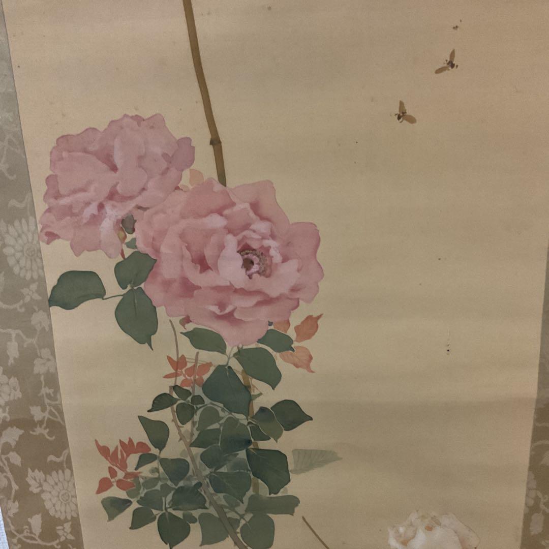 作者不詳作 絹本 花鳥画 【薔薇に花虻図】 表具 作品共経年経過