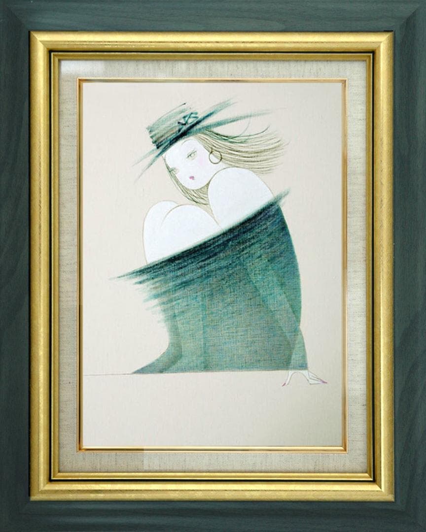 油絵 絵 絵画インテリア 額付(青緑＋金色の枠) F6-080114 人物 女性