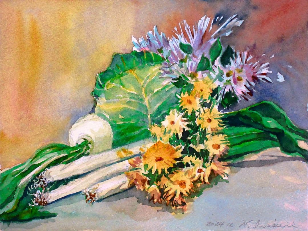 水彩画 花と野菜の静物