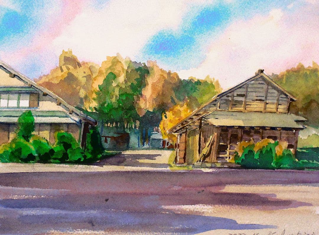 長閑な農家の風景 水彩画 額装済み