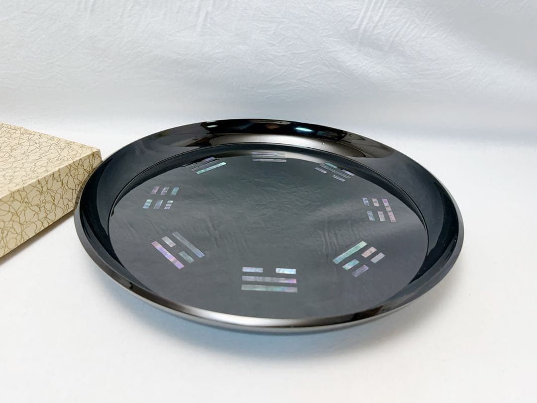 ほぼ未使用 茶道具 黒塗 螺鈿細工 青貝 八卦盆 元箱