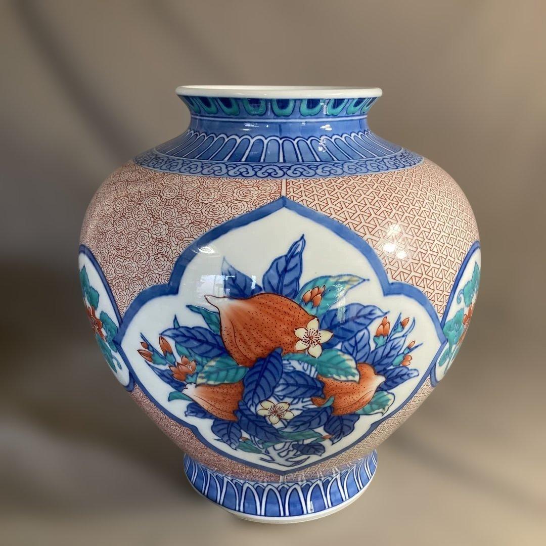 【緒方松右衛門】古伊万里の伝統　名窯　緒方松右衛門作　染錦三方間取桃絵　大花瓶