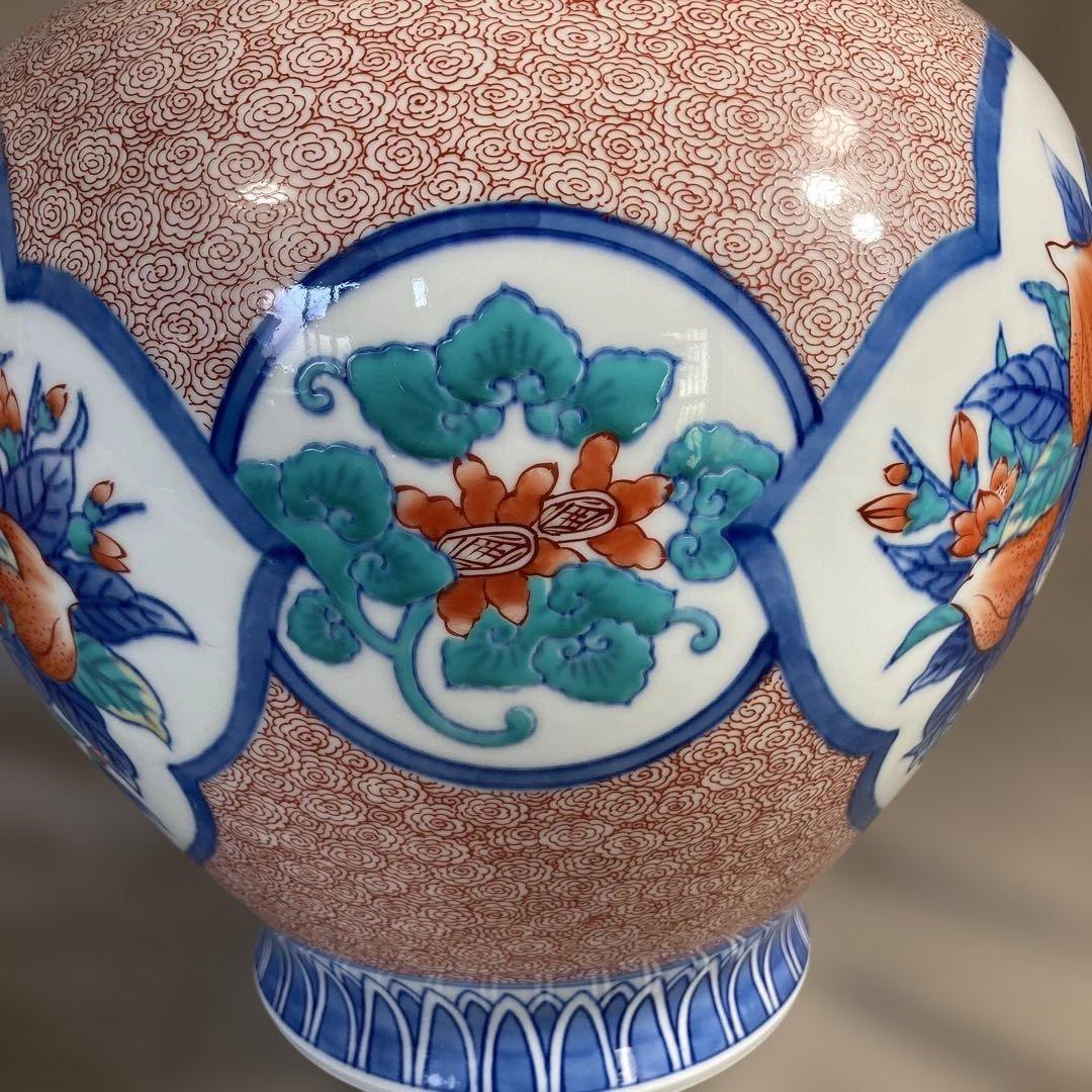 【緒方松右衛門】古伊万里の伝統　名窯　緒方松右衛門作　染錦三方間取桃絵　大花瓶