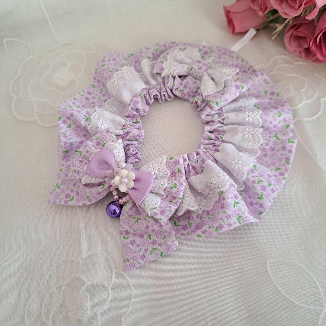 rin0311、幅広シュシュ(小花柄パープル)わんちゃん猫ちゃん用