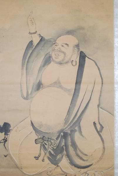 真作/桂湖城/月見布袋図/もみ紙表装/布袋屋掛軸HB-263