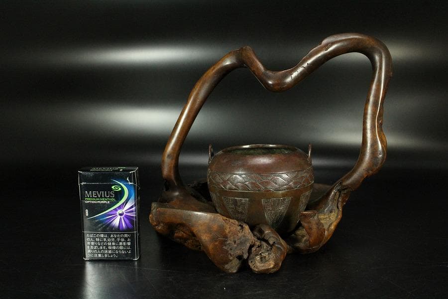 茶道具 奇木 手付 煙草盆 古銅火入 香炉 珍品(K-YC391)