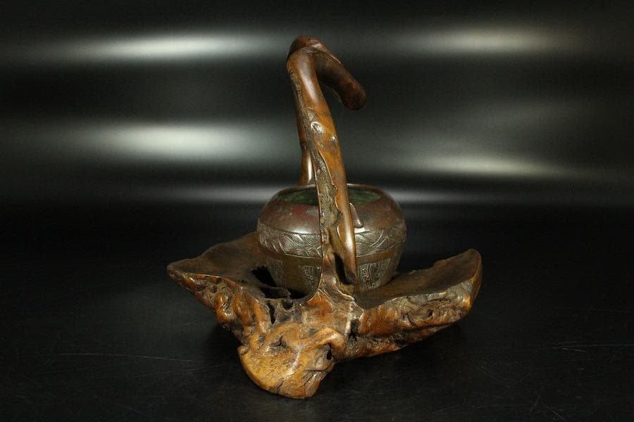 茶道具 奇木 手付 煙草盆 古銅火入 香炉 珍品(K-YC391)