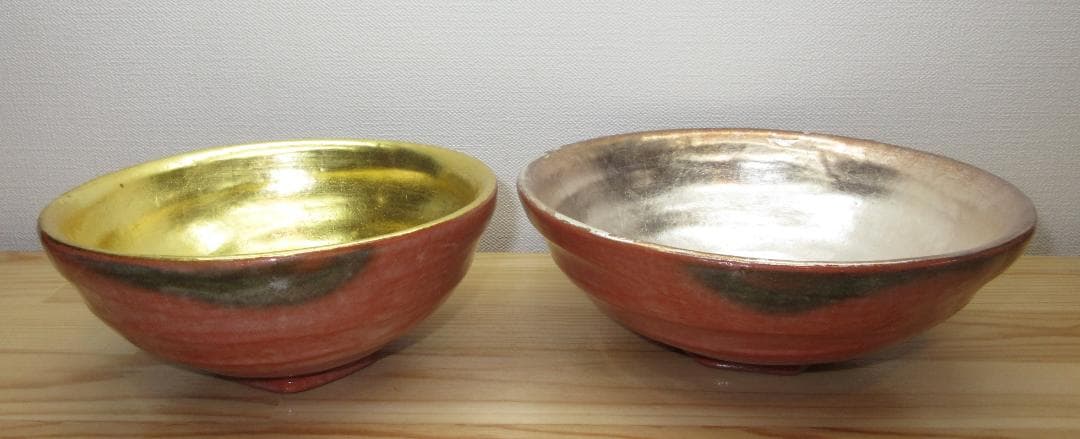 送料込【逢絢亭】茶道具 嶋台茶碗 京焼 赤楽 金銀一双 一楽作 共箱入り