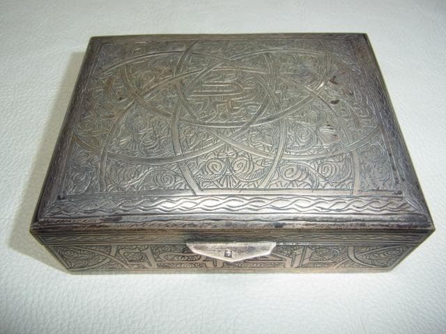 希少 美品 ◆総銀製 アラビア彫金 宝石箱 （アラビア文字 銀ホールマーク付き）