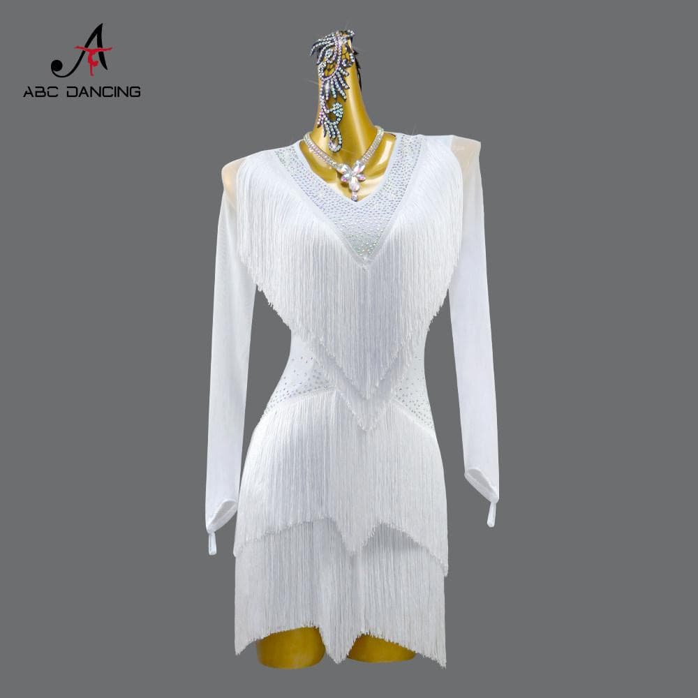 社交ダンス衣装ラテンドレスホワイトキラキラフリンジ競技会デモ