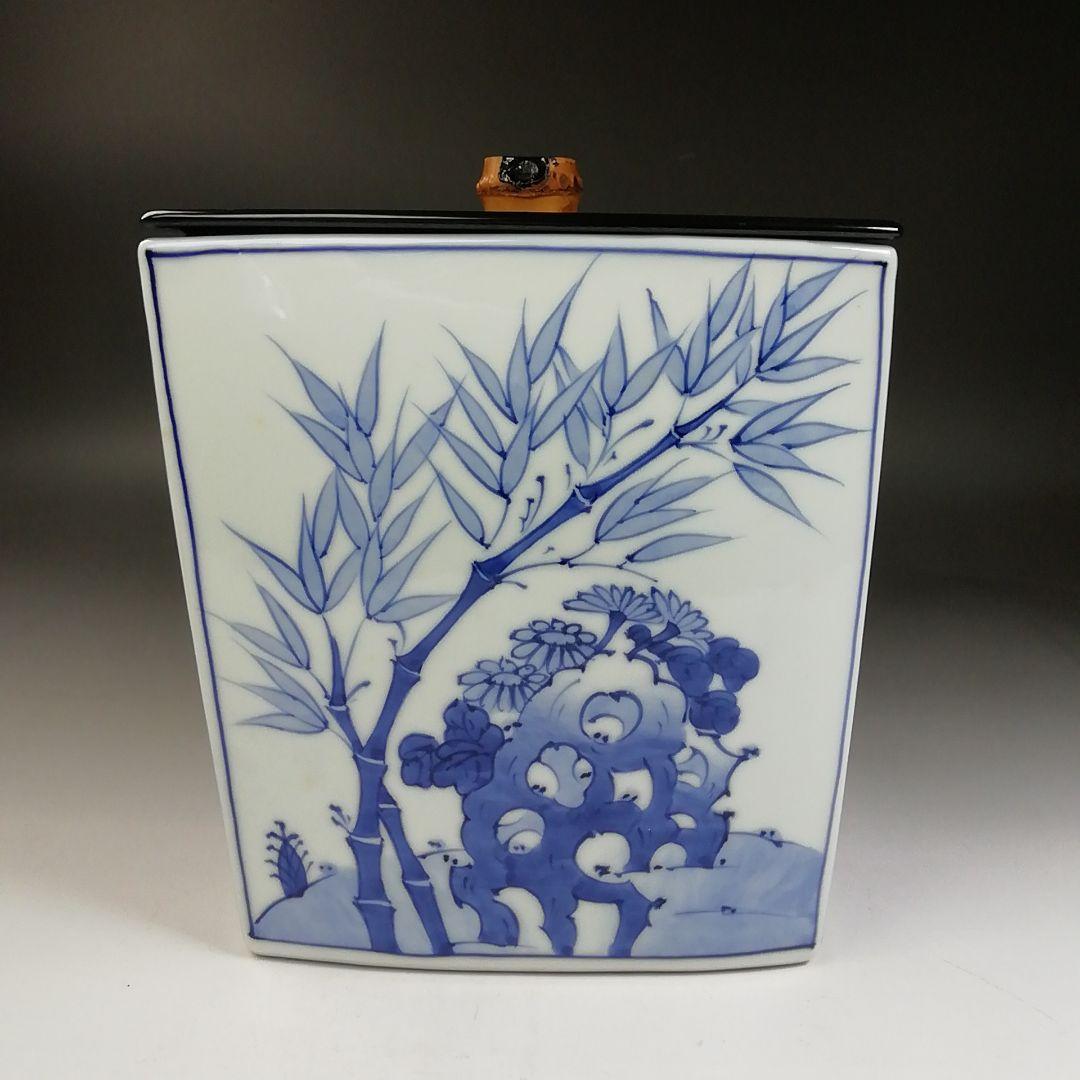 Ｗ１２０　水指　『染付　四君子文　四方』『平安　祥堂 造』　共箱　茶道具