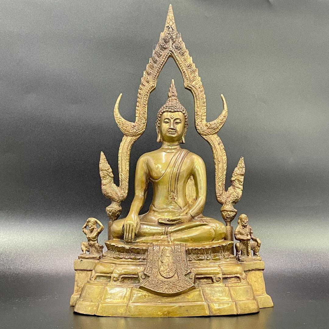 真鍮製 チンナラート仏 タイ仏教 火焔光背 銘文有 高31.5cm SB41