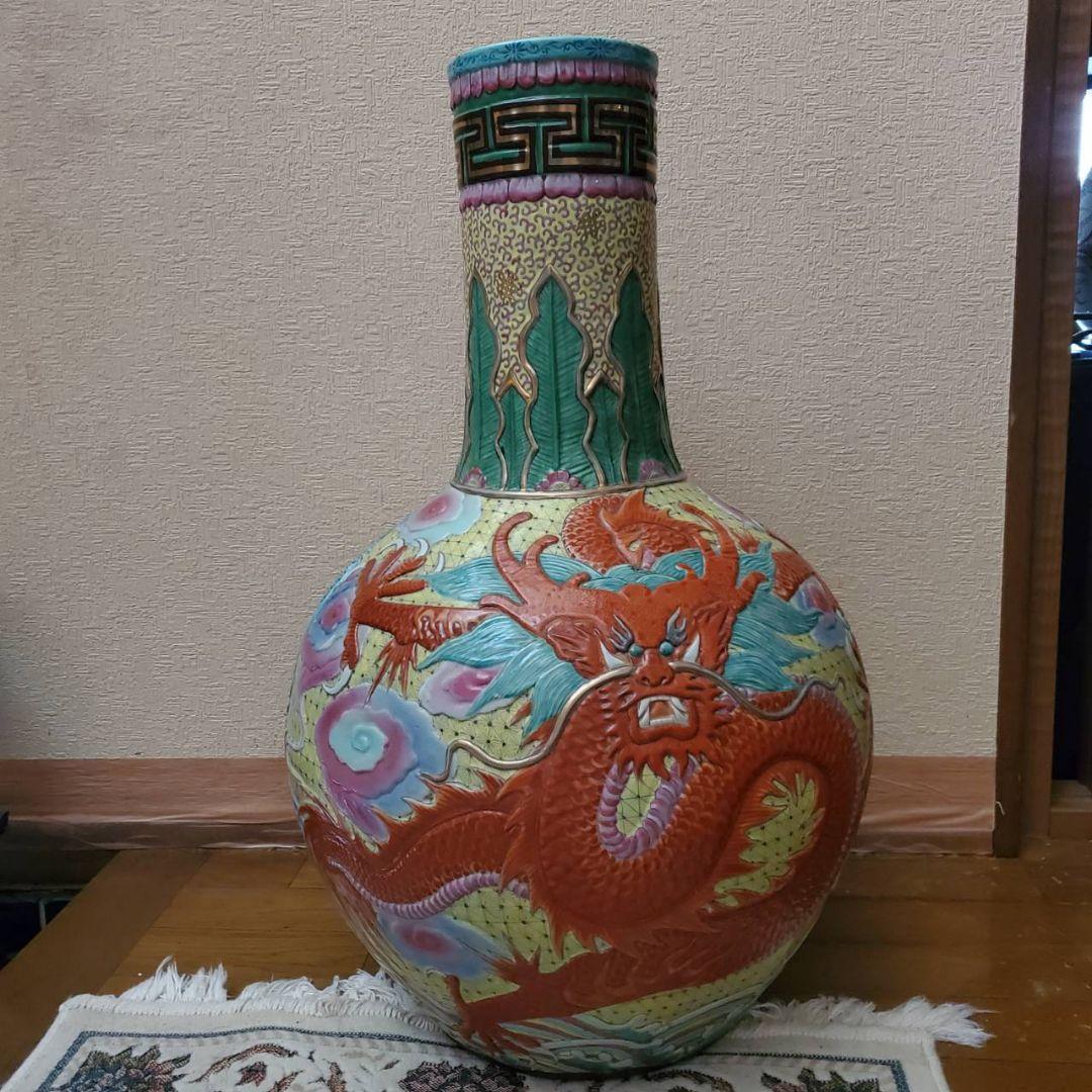 中国古玩　粉彩雲龍紋　大花瓶　天球瓶