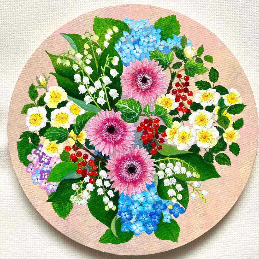 花の絵　アクリル画　原画「スズランとスグリの実のあるアレンジ」30cm
