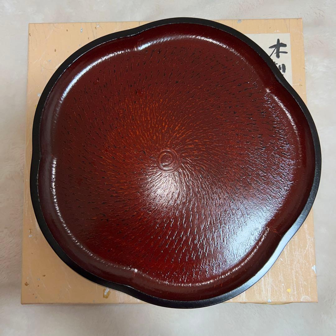 木製八角形盆 赤色と茶色