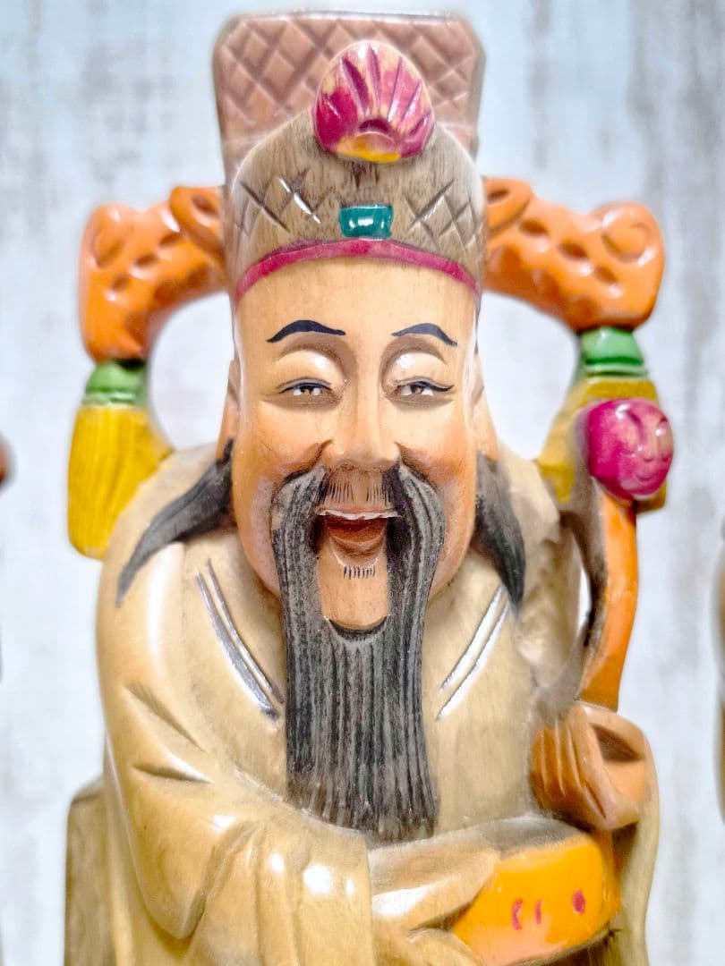 福禄寿 三星 木彫り 置物 3体 まとめ売り 像 神様 縁起物 中国 27cm