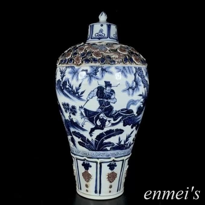 中国古美術✦青花釉裏紅捏花蕭何月下で韓信を追う梅瓶✦文房具・純手描き・陶芸・花瓶