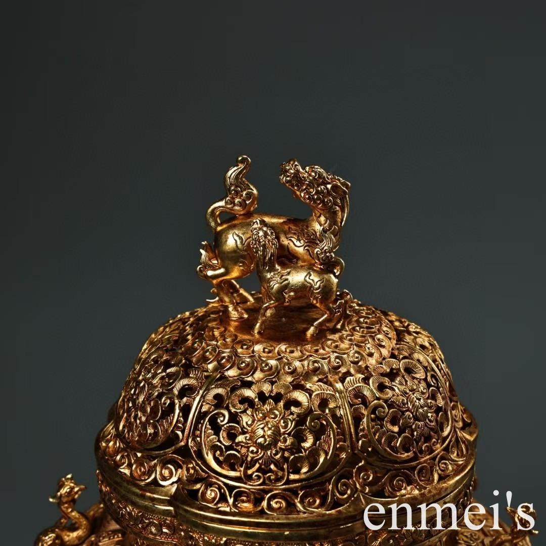 中国古美術・旧蔵六鳳三足獣耳香炉・純銅製・鏨刻鎏金・純手作り・置物・茶道・文房具