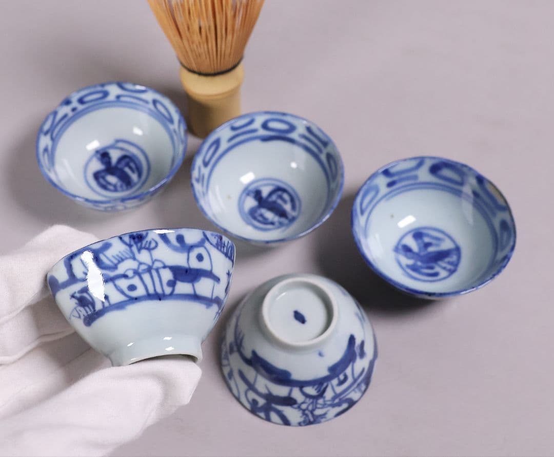 中国 染付 煎茶椀 五客 山水 鳥図 茶器 陶磁器 【MA581】