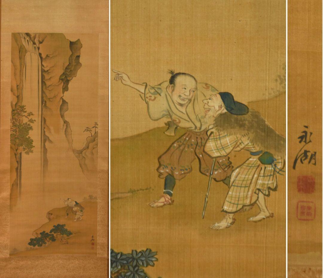 【真作】佐竹永湖 観瀑図 絹本 肉筆 掛軸