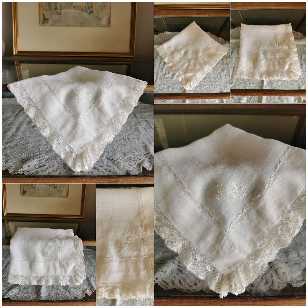 アンティークフランス 精緻な薊刺繍 イニシャル花文字ＡＢ マリアージュハンカチ