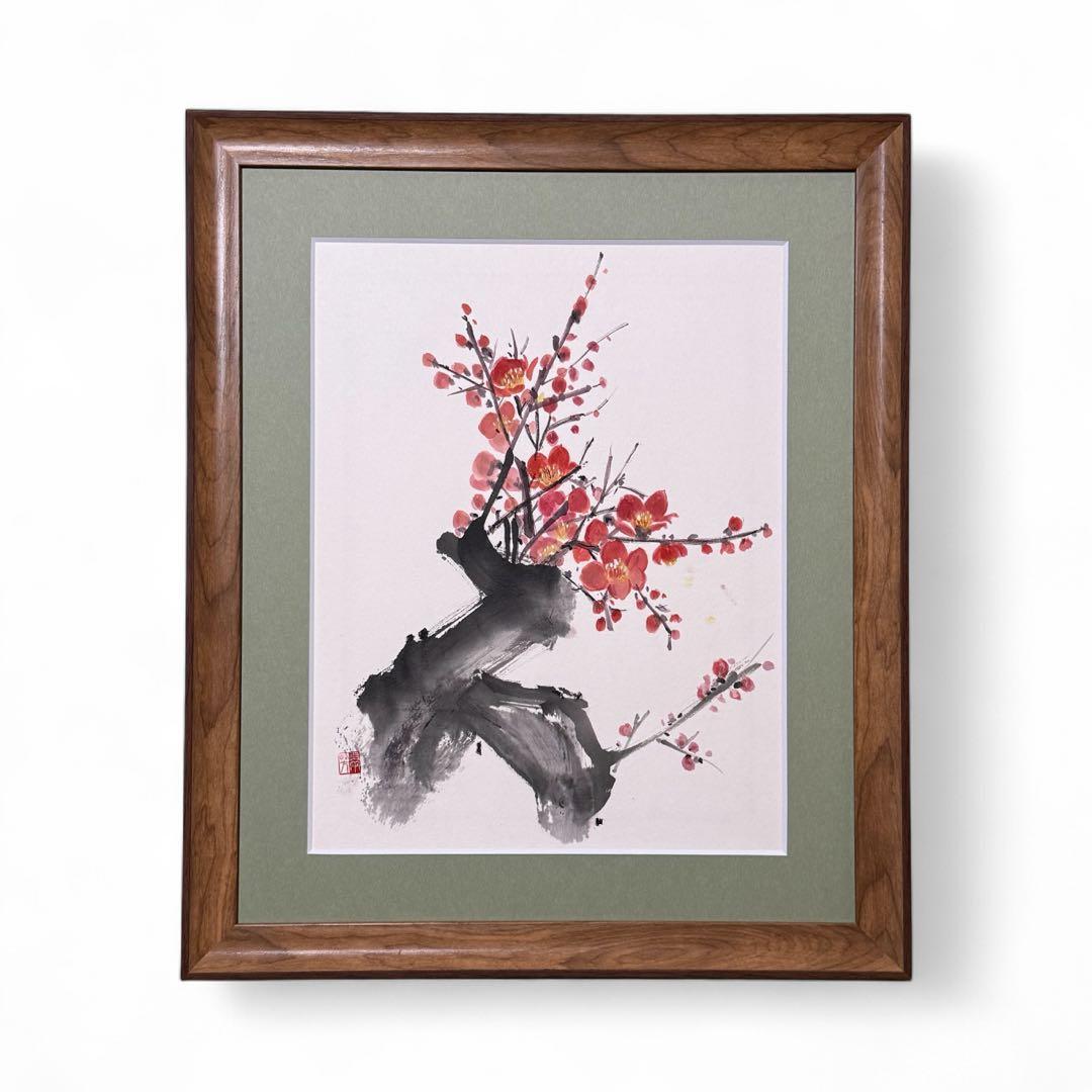 【古口翠芳/Suihou Koguchi】墨彩画　梅　オリジナル　木製額縁付き