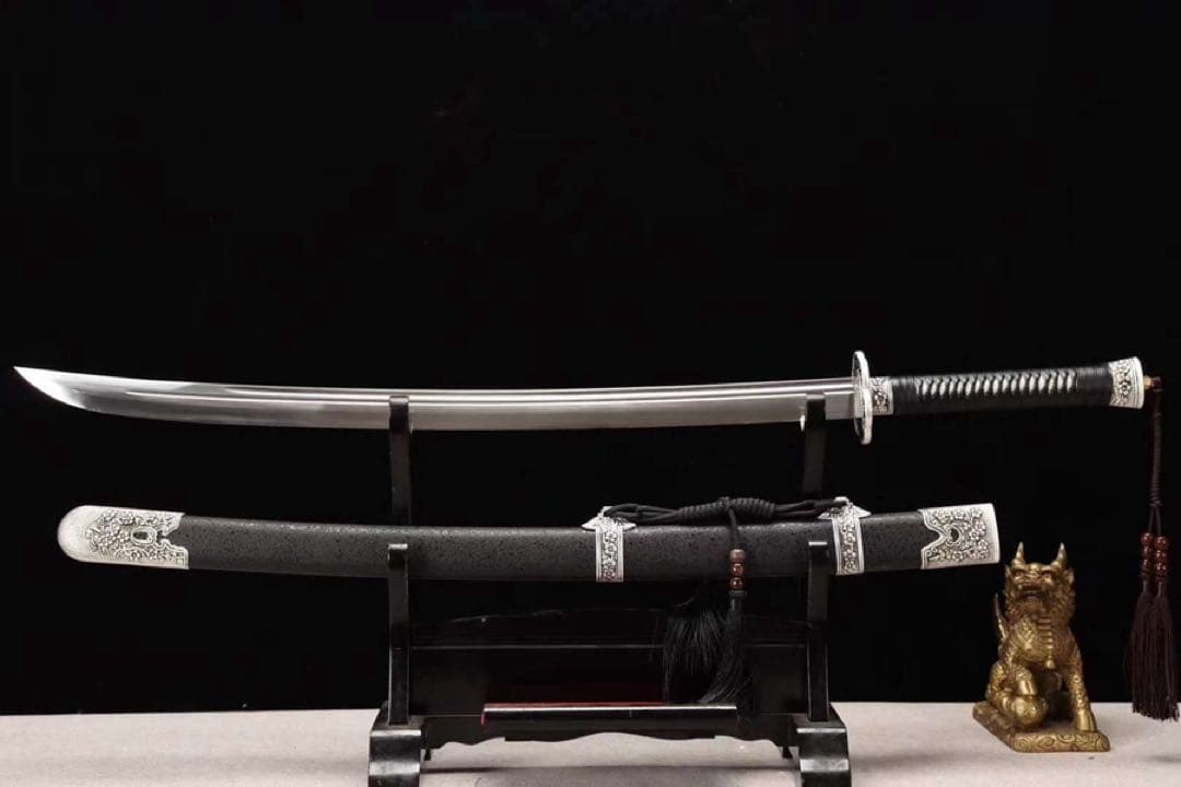 雁翎刀 黒石目鞘 模造刀 舞踊刀 武具 本牛革柄巻 コレクション刀剣