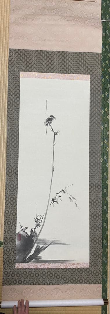 【未使用品・極美品】アンティーク　掛け軸　画題：枯木　百舌鳥