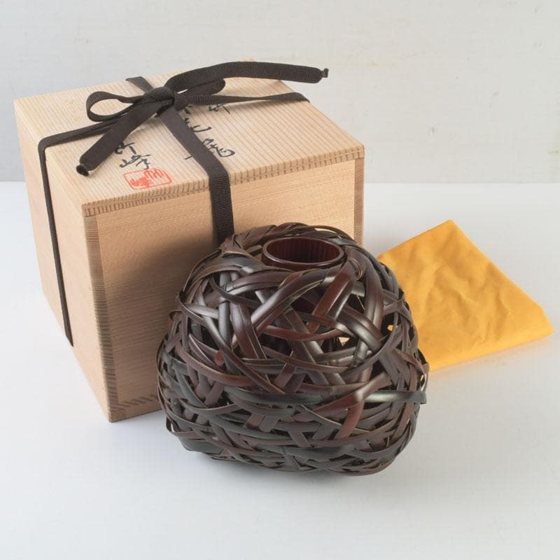 茶道具　竹峰造　古竹細工　鳳尾竹　掛花籠　竹籠　共箱　V　9784