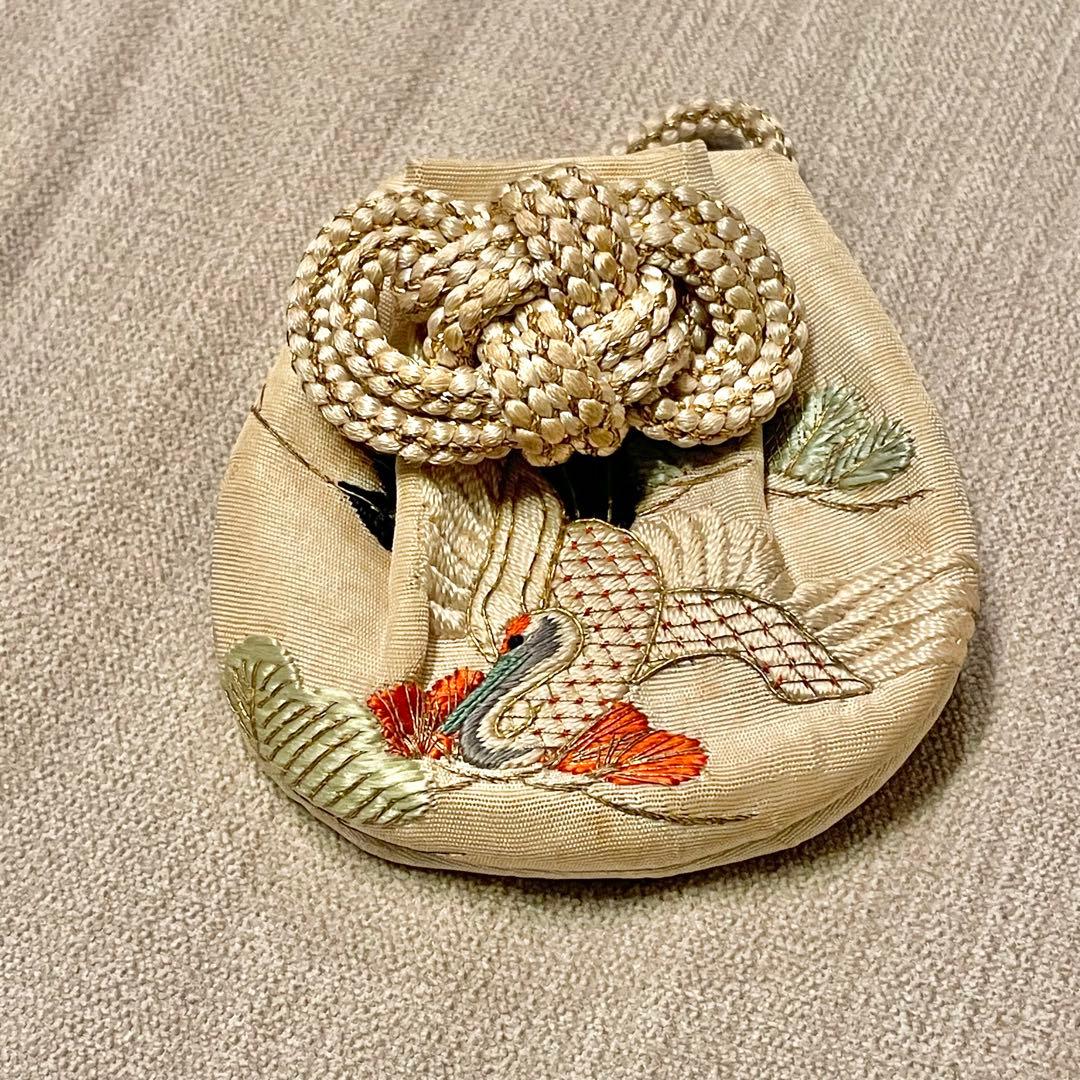 【激レア】和風 守り巾着　鶴の刺繍付き