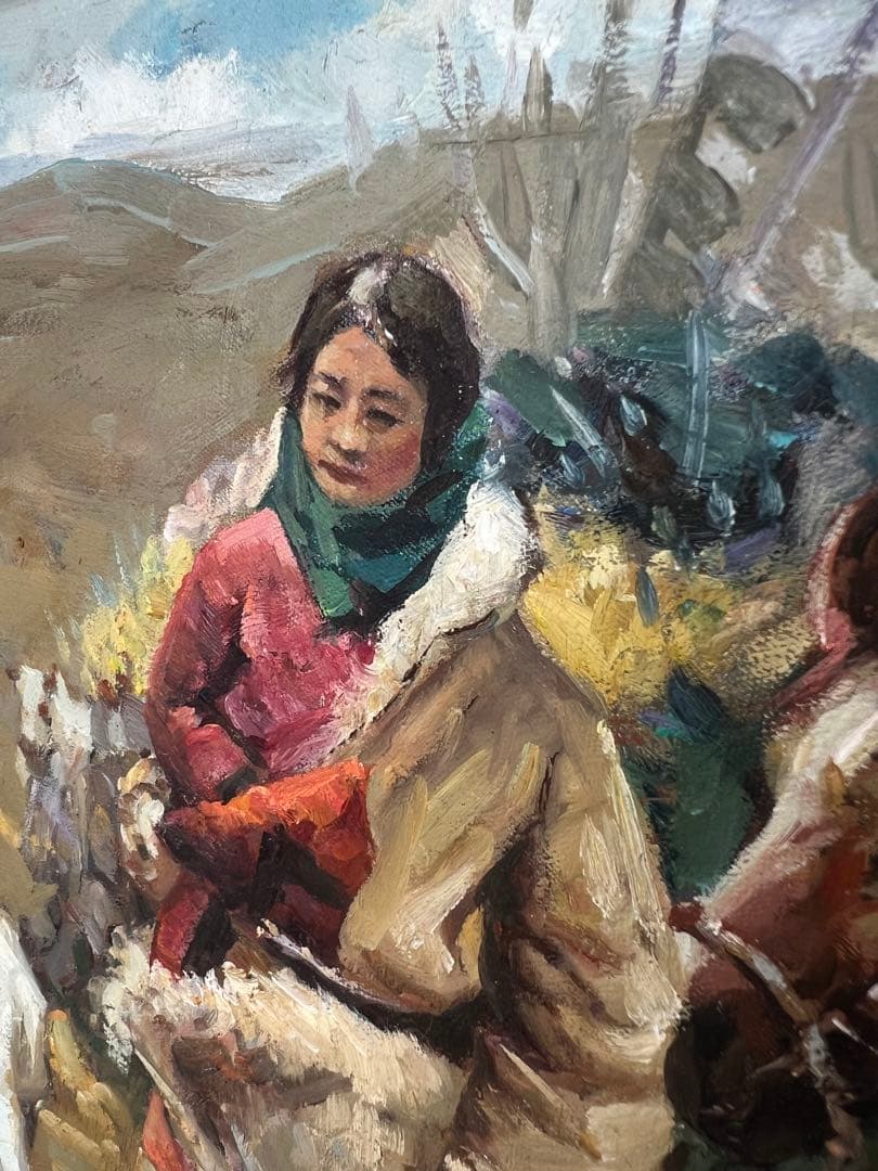 Liu Yong 油彩画 チベット　伝統的な衣装の人物と馬