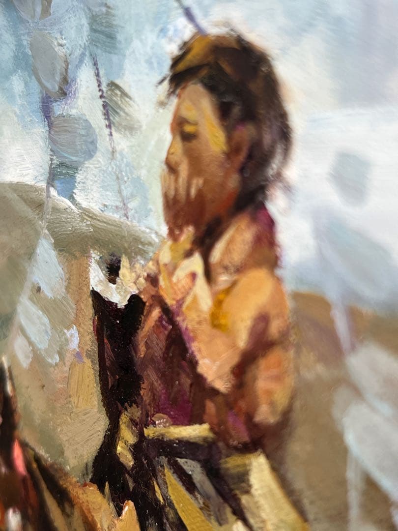 Liu Yong 油彩画 チベット　伝統的な衣装の人物と馬