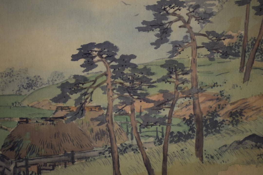 真作/英挙/渓村図/桐共箱二重箱付/布袋屋掛軸HF-477