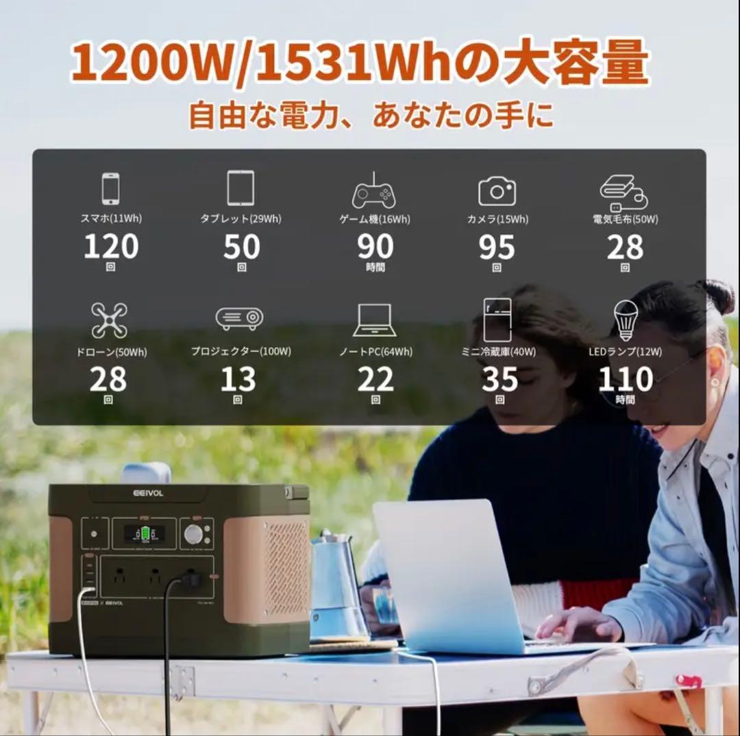 EEIVOL ポータブル電源 リン酸鉄リチウム 1531Wh 1200W