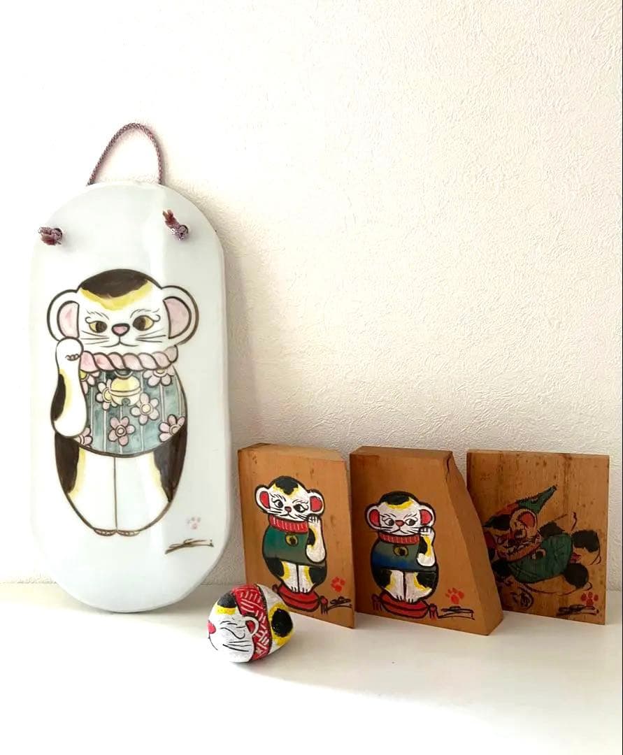 [超希少品]尾道「猫の細道」招き猫 木札、陶板、福石猫5点セット
