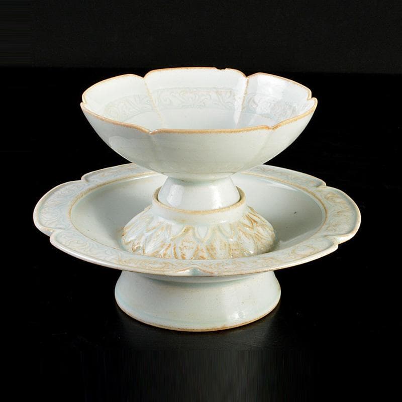 中国　影青　蓮弁刻　輪花盃　盃台　M　7291E