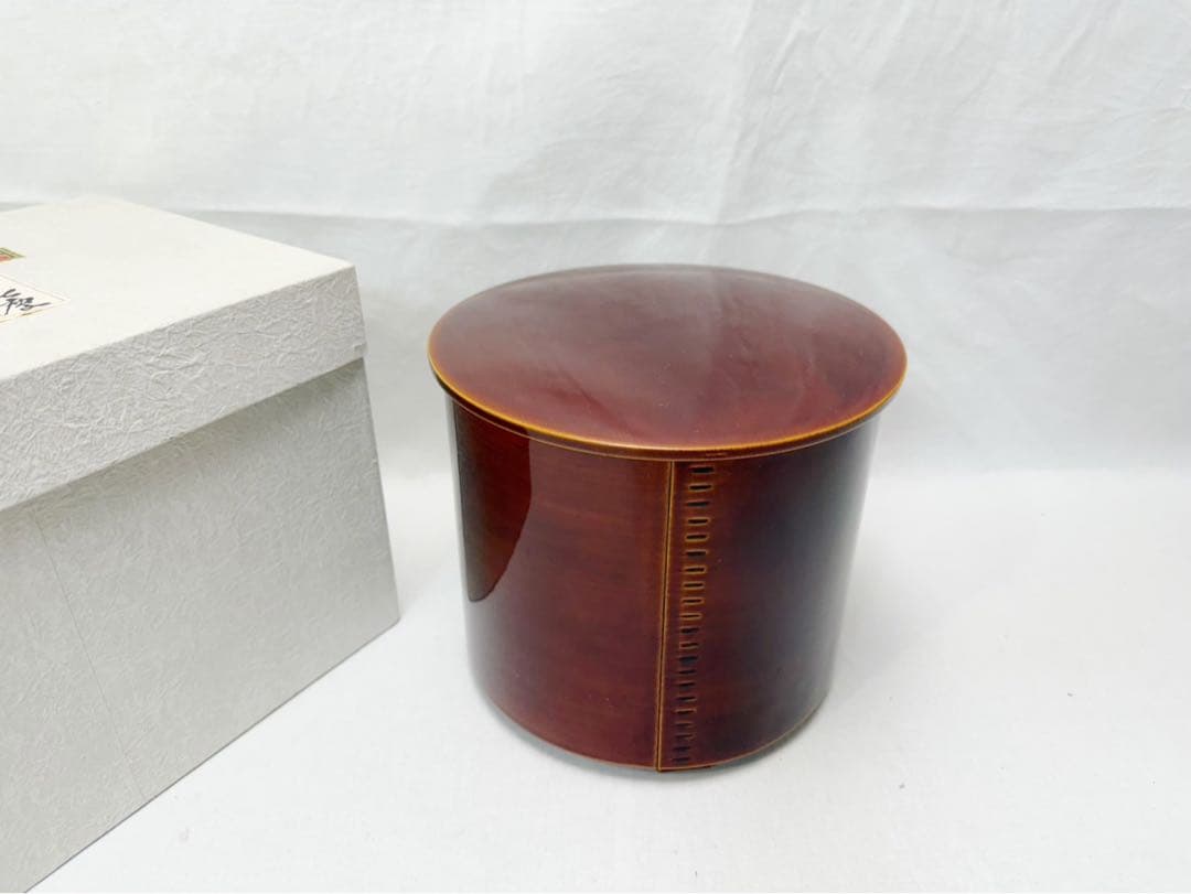 ほぼ未使用 茶道具 紅春慶塗 曲水指 綴目 茶器 木工芸 紙箱