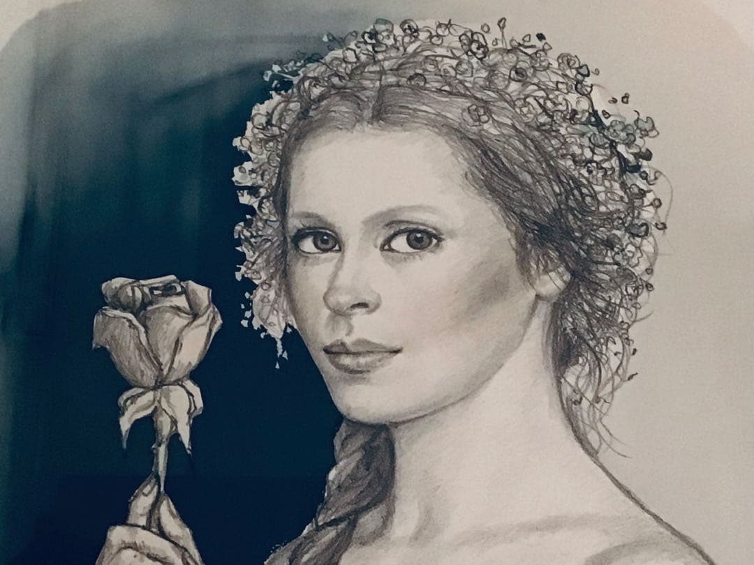 ◉真作保証◉洋画家 芝田米三◉バラを持つ少女◉70×62cm◉￼リトグラフ◉