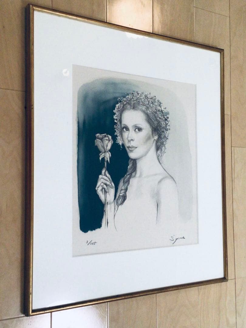 ◉真作保証◉洋画家 芝田米三◉バラを持つ少女◉70×62cm◉￼リトグラフ◉