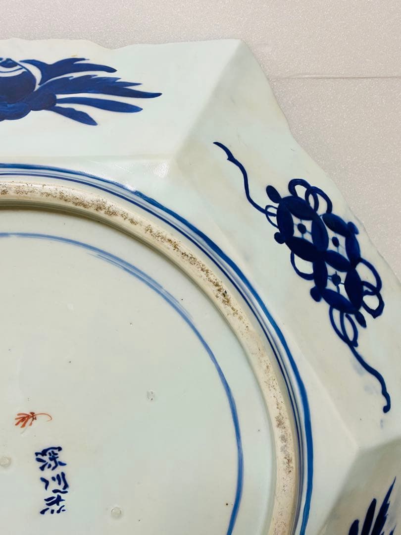 お値下❌ 明治初期 香蘭社 色絵褐地藤絵人物文 ブラックホーソン六角大皿