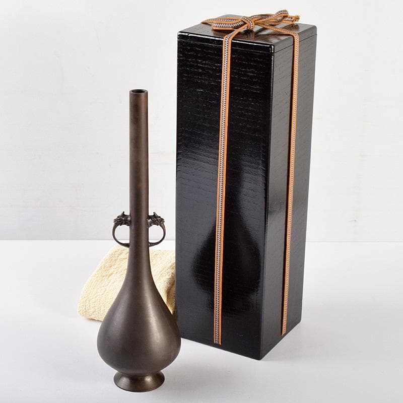 中国　古銅　双龍耳鶴首瓶　時代箱付　V　R5082B