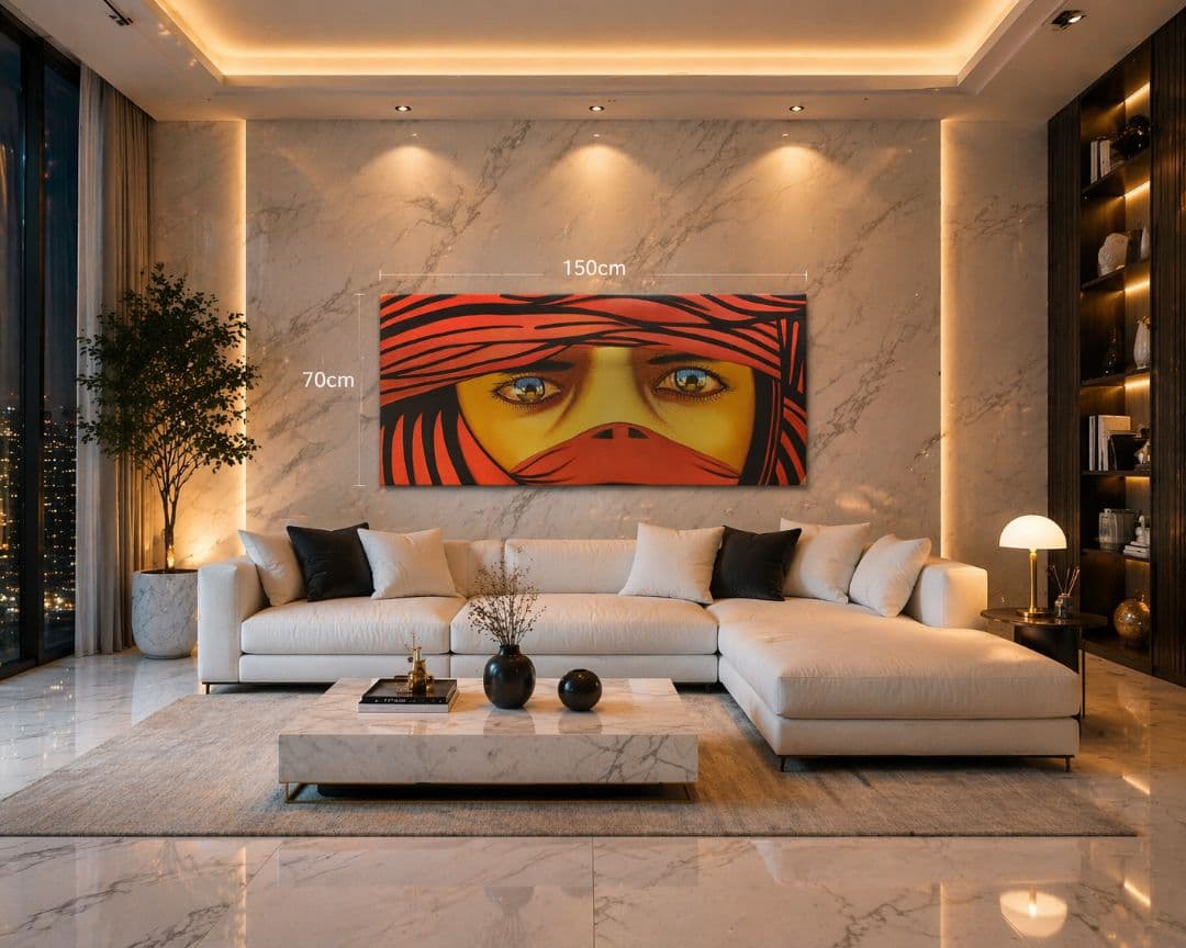 大型アート画「Red Veil / 沈黙の眼差し」150×70cm／現代アート