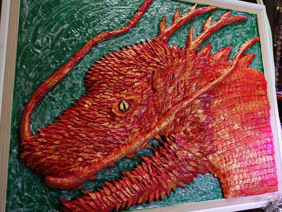 龍神 開運 和紙切り絵絵画）（赤龍 緑）【龍専門店ANDYオリジナル作品】