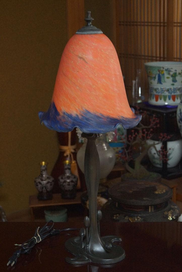 大型古風ステンドグラスランプ  花形テーブルランプ 卓上照明 高さ67㎝★時代物