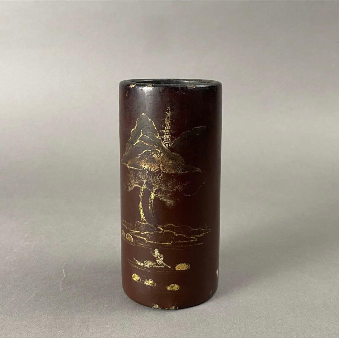 清~民国 黒漆金彩山水紋筆筒　茶道具　筆箱　骨董品　工芸品　時代もの　筆　蒔絵