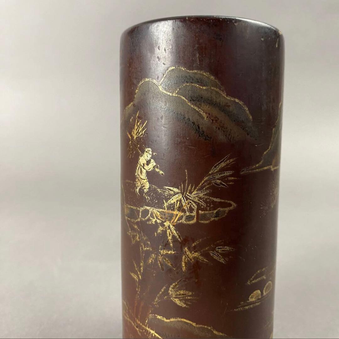 清~民国 黒漆金彩山水紋筆筒　茶道具　筆箱　骨董品　工芸品　時代もの　筆　蒔絵
